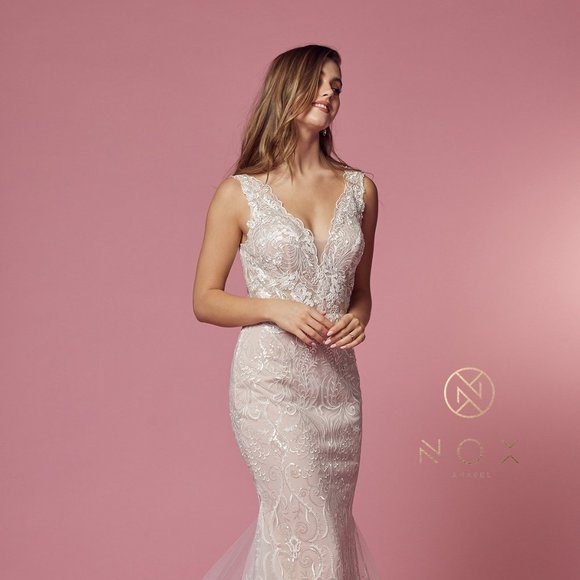 NEW LONG SLEEVELESS WEDDING MERMAID DRESS EMBROIDERED WITH FLORAL LACE NX JW909
